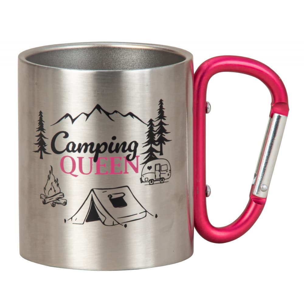 Metallbecher mit pinkem Karabinerhenkel "Camping Q