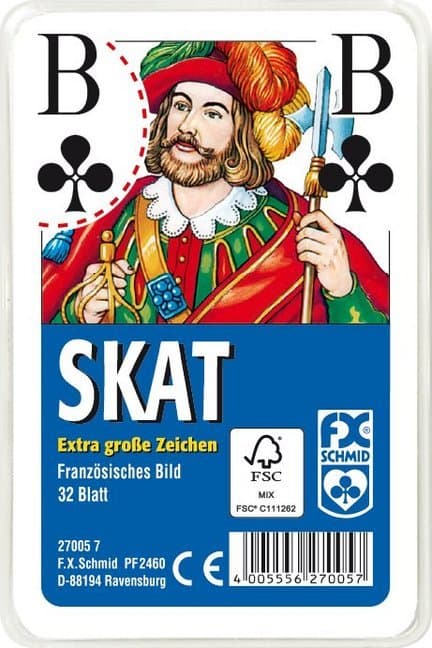 Klassisches Skatspiel, Französisches Bild mit großen Eckzeichen. 32 Karten in Klarsicht-Box. FXS Traditionelle Spielkarten