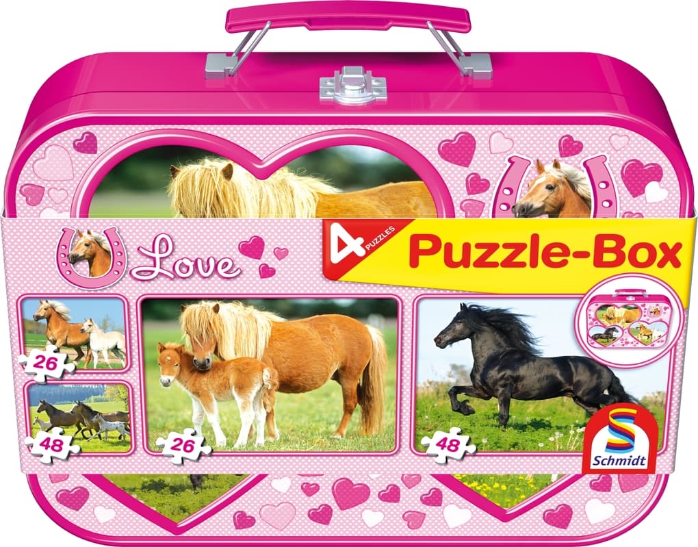 Schmidt Spiele - Pferde, Puzzle-Box, 2x26, 2x48 Teile im Metallkoffer