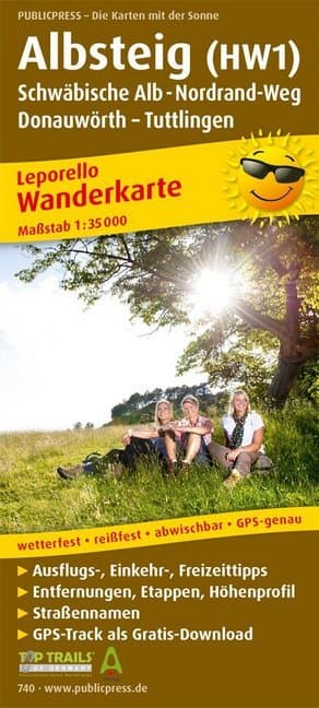 Wanderkarte Albsteig (HW1), Schwäbische Alb-Nordrandweg, Donauwörth - Tuttlingen 1 : 35 000