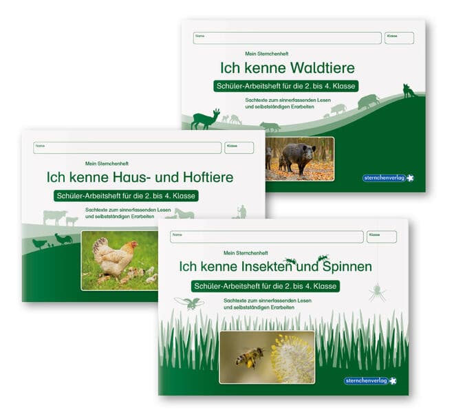 Ich kenne Waldtiere / Haus- und Hoftiere / Insekten und Spinnen. 3 Schülerarbeitshefte im Kombi für die 2. bis 4. Klasse