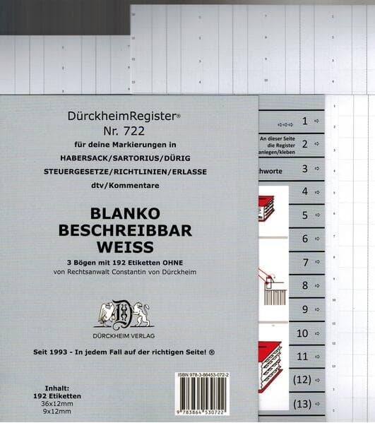 DürckheimRegister® BLANKO-WEISS beschreibbar für Gesetzessammlungen Nr. 722