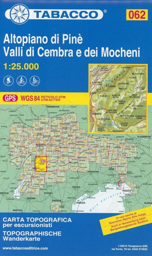 Tabacco topographische Wanderkarte Altopiano di Pine, Valli di Cembra e dei Mocheni