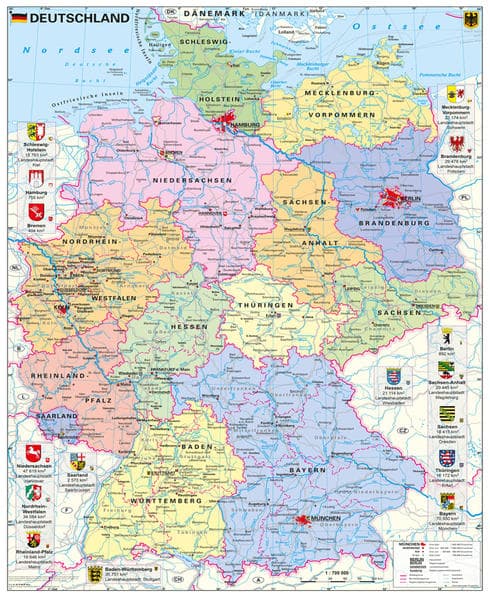 Stiefel Wandkarte Großformat Deutschland politisch mit Wappen