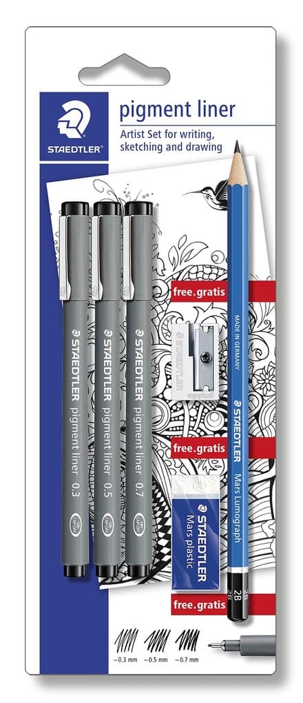 STAEDTLER pigment liner 308 Fineliner, 3er Set (0.3, 0.5, 0.7), 1 Radierer + 1 Spitzer, 308 SBK3P
