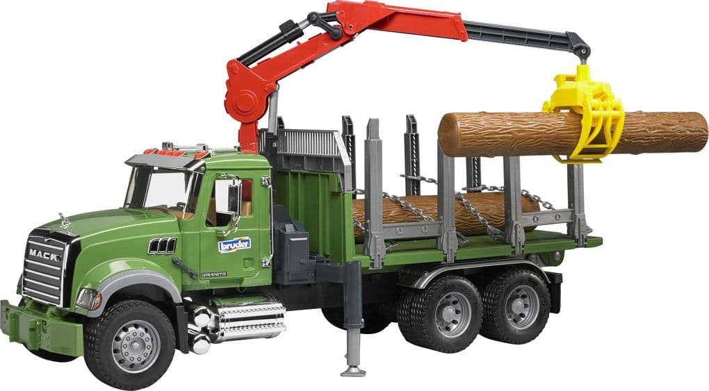 Bruder - MACK Granite Holztransport LKW, Ladekran, Greifer + 3 Baumstämmen