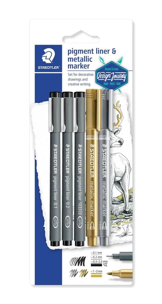 STAEDTLER Fineliner pigment liner 308 + 2 metallic pen, 5er Set