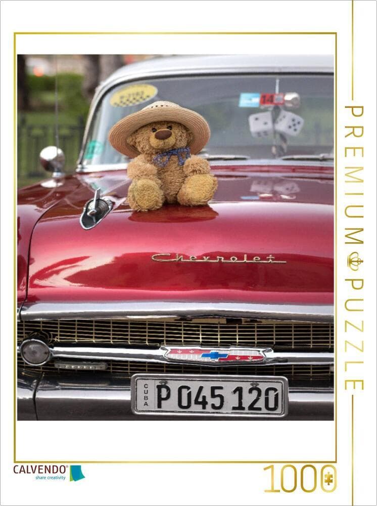 CALVENDO Puzzle Travelling Teddy mit Oldtimer in Havanna | 1000 Teile Lege-Größe 64x48cm Foto-Puzzle für glückliche Stunden
