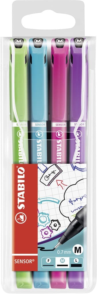 Fineliner mit gefederter Spitze - STABILO SENSOR M - medium - 4er Pack - hellgrün, türkis, pink, lil
