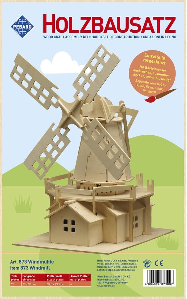 PEBARO 873 - Holzbausatz Windmühle, 78 Teile, Holzkonstruktion zum Zusammenstecken