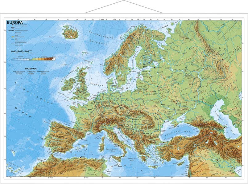 Europa physisch im Miniformat. Wandkarte mit Metallleiste