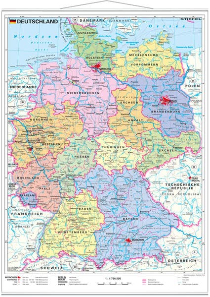 Deutschland politisch. Wandkarte mit Metallleiste