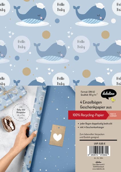 Geschenkpapier-Set zur Geburt für Baby-Jungen: Motiv "Wal"