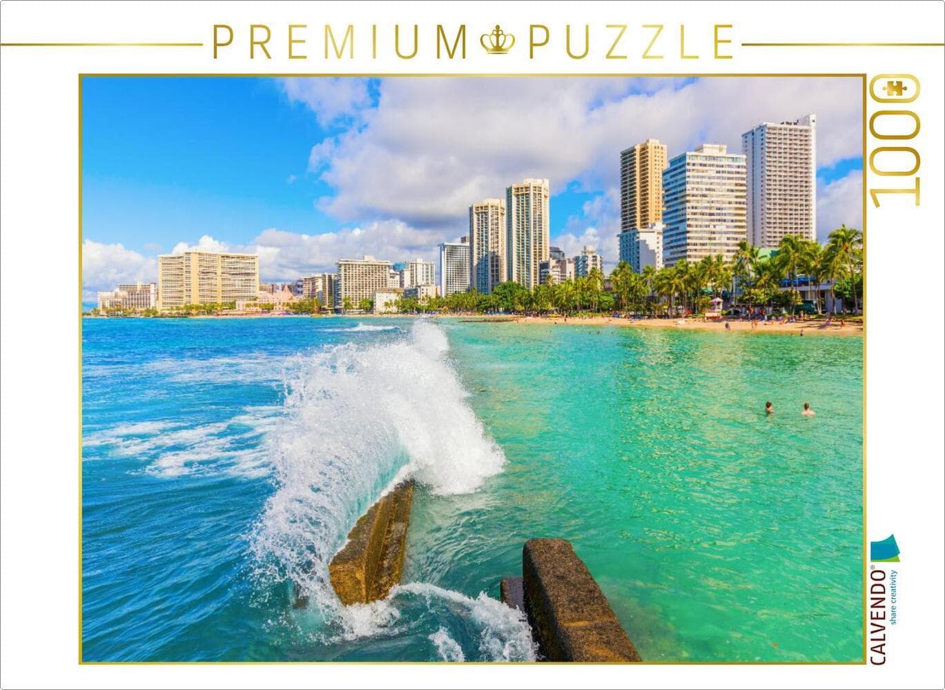 CALVENDO Puzzle Blick auf Waikiki Beach mit den Hochhäusern von Honolulu im Hintergrund | 1000 Teile Lege-Größe 64x48cm Foto-Puzzle für glückliche Stunden