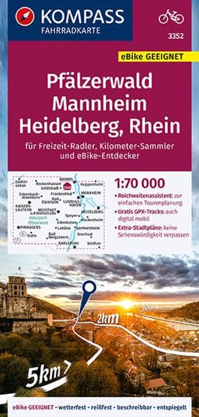 KOMPASS Fahrradkarte 3352 Pfälzerwald, Mannheim, Heidelberg, Rhein 1:70.000