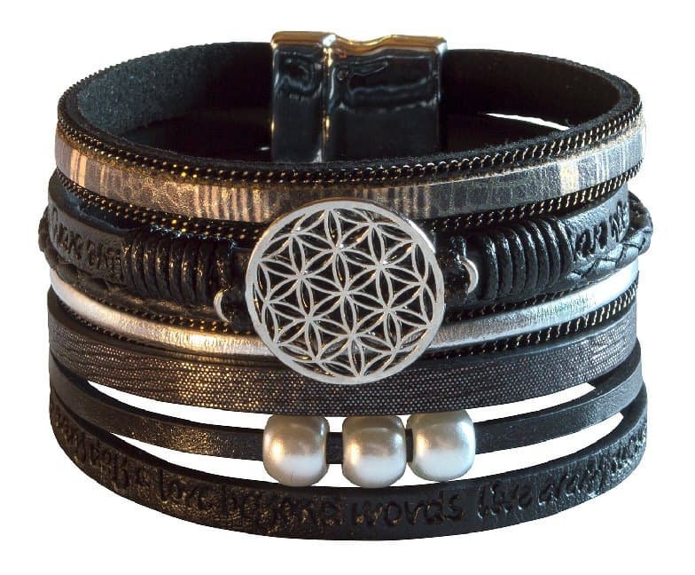 Armband "Blume des Lebens" Kunstleder schwarz, Metall silberfarben