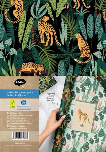 Geschenkpapier-Set: Leopard (vegan, Blauer Engel, Recyclingpapier): 4x Einzelbögen + 1x Grußkarte
