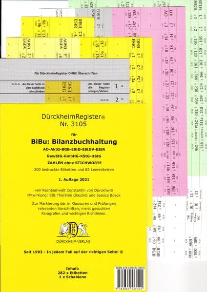DürckheimRegister® BiBu-BILANZSTEUERRECHT Register für deine AO-AktG-BGB-EStG-EStR-KStG-UStG-GmbHG-HGB-UmwG nur Zahlen und §§ (2021)