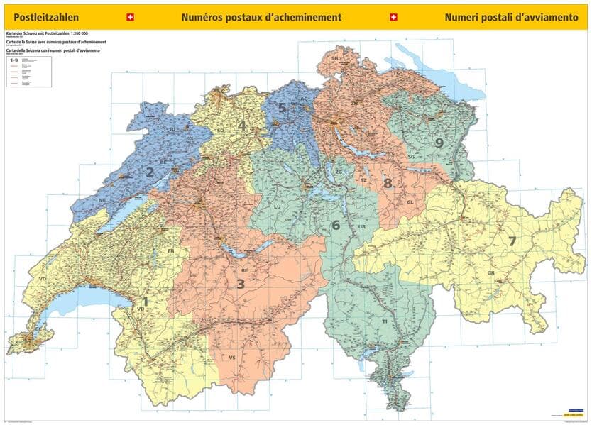 Postleitzahlenkarte Schweiz Poster 1:260 000