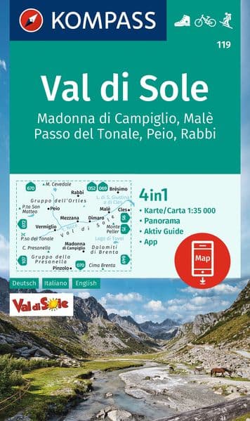 KOMPASS Wanderkarte 119 Val di Sole, Madonna di Campiglio, Malè, Passo del Tonale, Peio, Rabbi 1:35.000