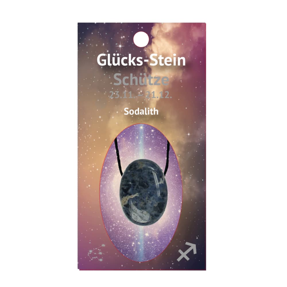 Glücksstein mit Band auf Astrokarte Schütze/Sodalith