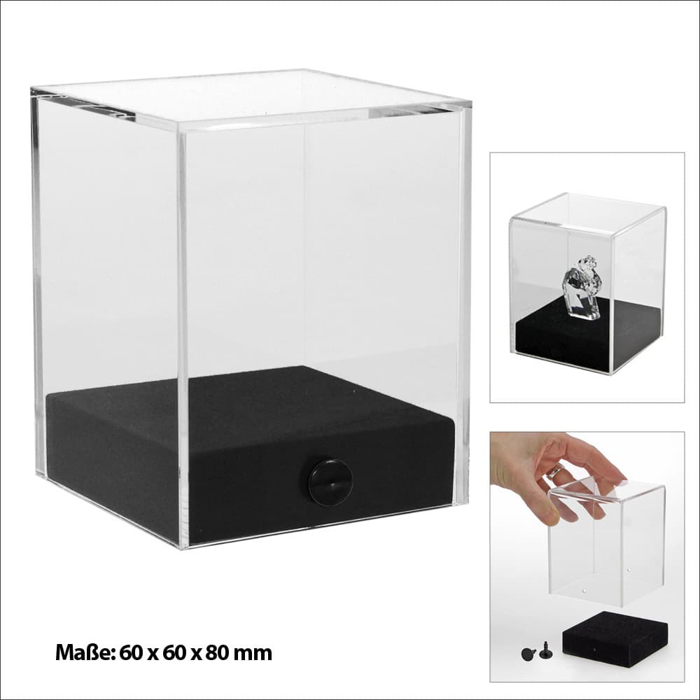 Hochwertige Acryl-Box, Format ca. 60 x 60 x 80 mm, mit edlem schwarzen Sockel, zum Verschrauben für