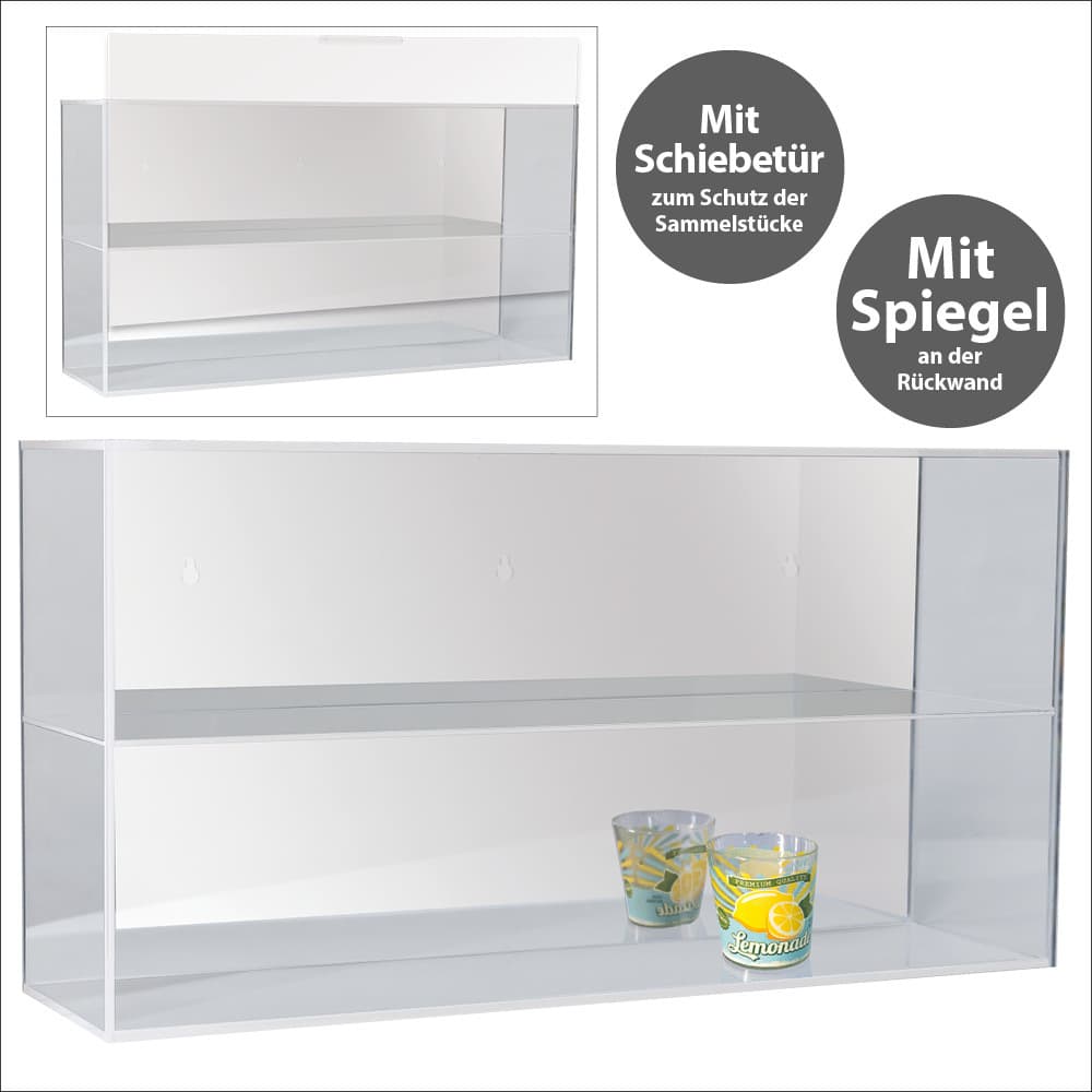 Hochwertige Acryl-Vitrine mit verspiegelter Rückwand und 2 Ebenen. Einschub an der Vorderseite kann