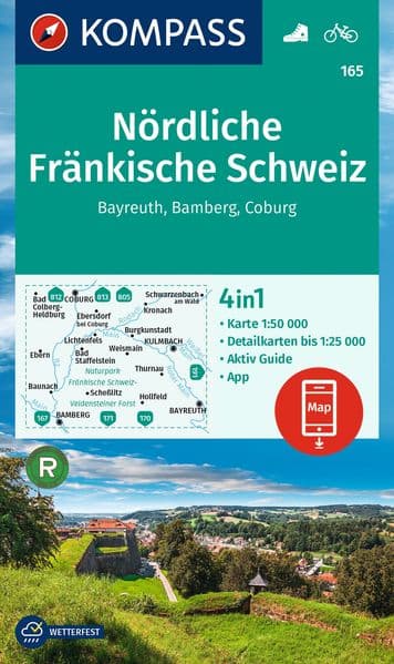 KOMPASS Wanderkarte 165 Nördliche Fränkische Schweiz, Bayreuth, Bamberg, Coburg 1:50.000: 4in1 Wanderkarte mit Aktiv Guide und Detailkarten inklusive Karte zur offline Verwendung in der KOMPASS-App. Fahrradfahren.