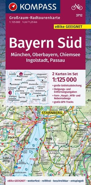 KOMPASS Großraum-Radtourenkarte 3712 Bayern Süd, Oberbayern, Chiemsee, Ingolstadt, Passau, München, 1:125.000