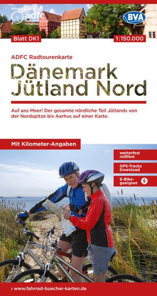 ADFC-Radtourenkarte DK1 Dänemark/Jütland Nord 1:150.000, reiß- und wetterfest, E-Bike geeignet, GPS-Tracks Download, mit Bett+Bike Symbolen, mit Kilometer-Angaben