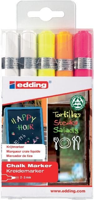 edding Kreidemarker 4095 Rundspitze, weiß, gelb, orange, pink, 5er Set