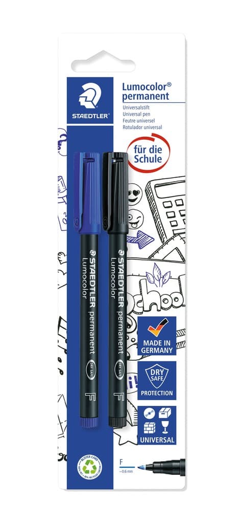 STAEDTLER Universalstift Lumocolor® permanent F, 2er Set blau/schwarz