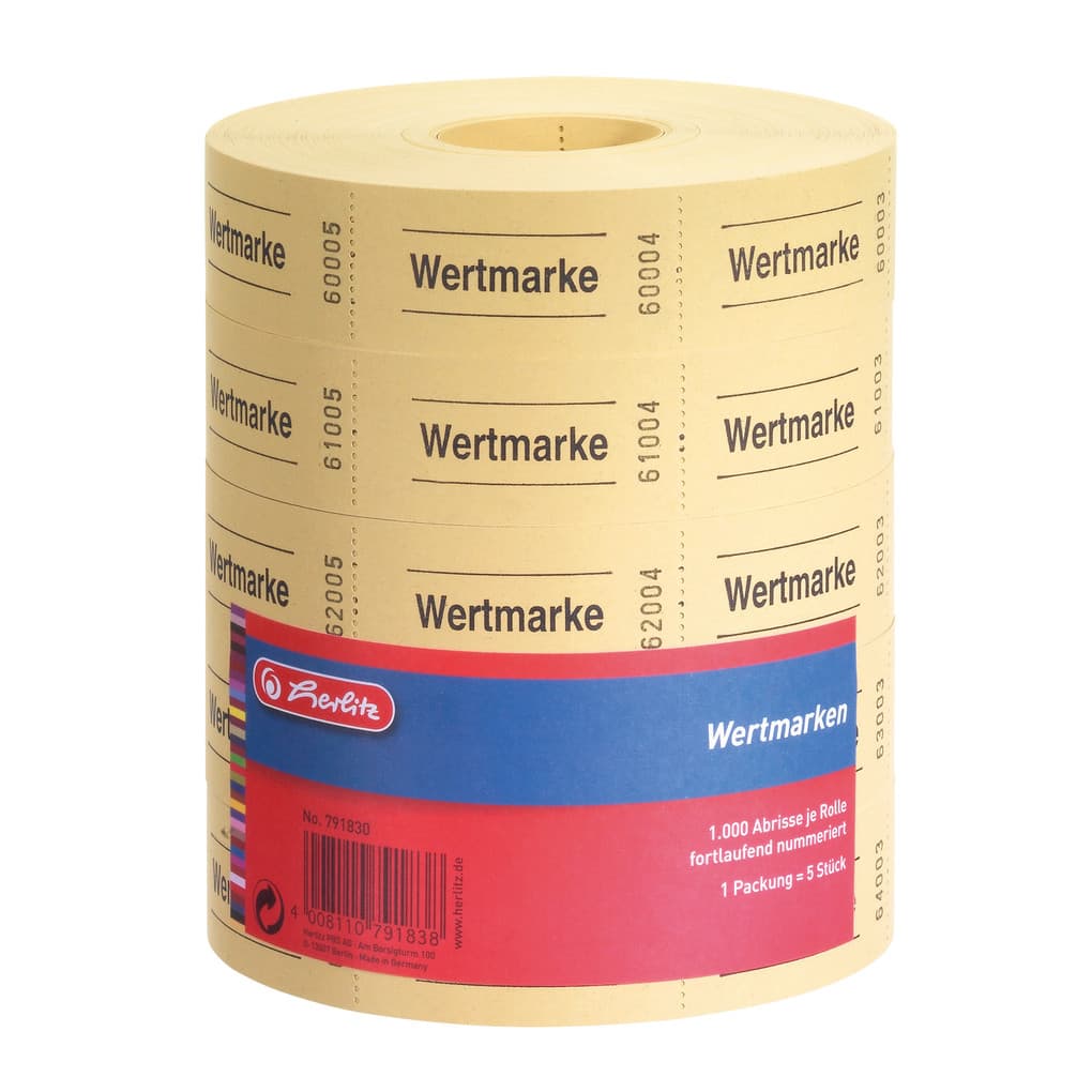 Herlitz Wertmarken neutral 5 x 1000 Abrisse fortlaufend nummeriert 5 Rollen