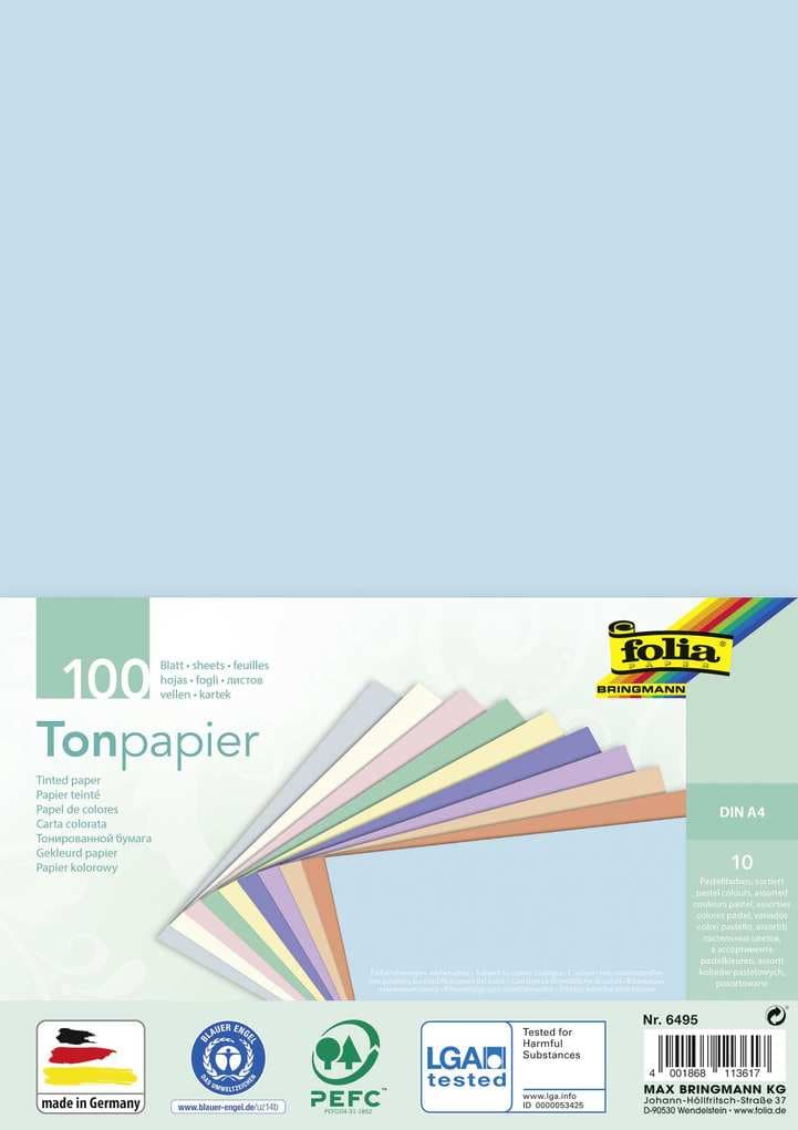 Folia Tonpapier PASTELL, DIN A4, 100 Blatt in 10 Farben sortiert