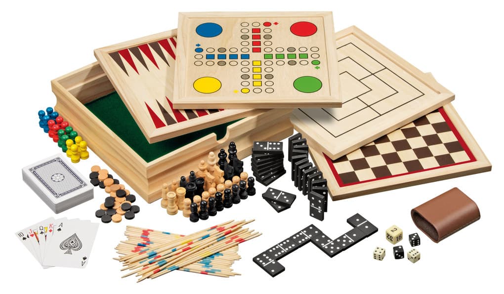 Philos 3099 - Spielesammlung 10, klein, Spieleklassiker mit Zubehör, Holz