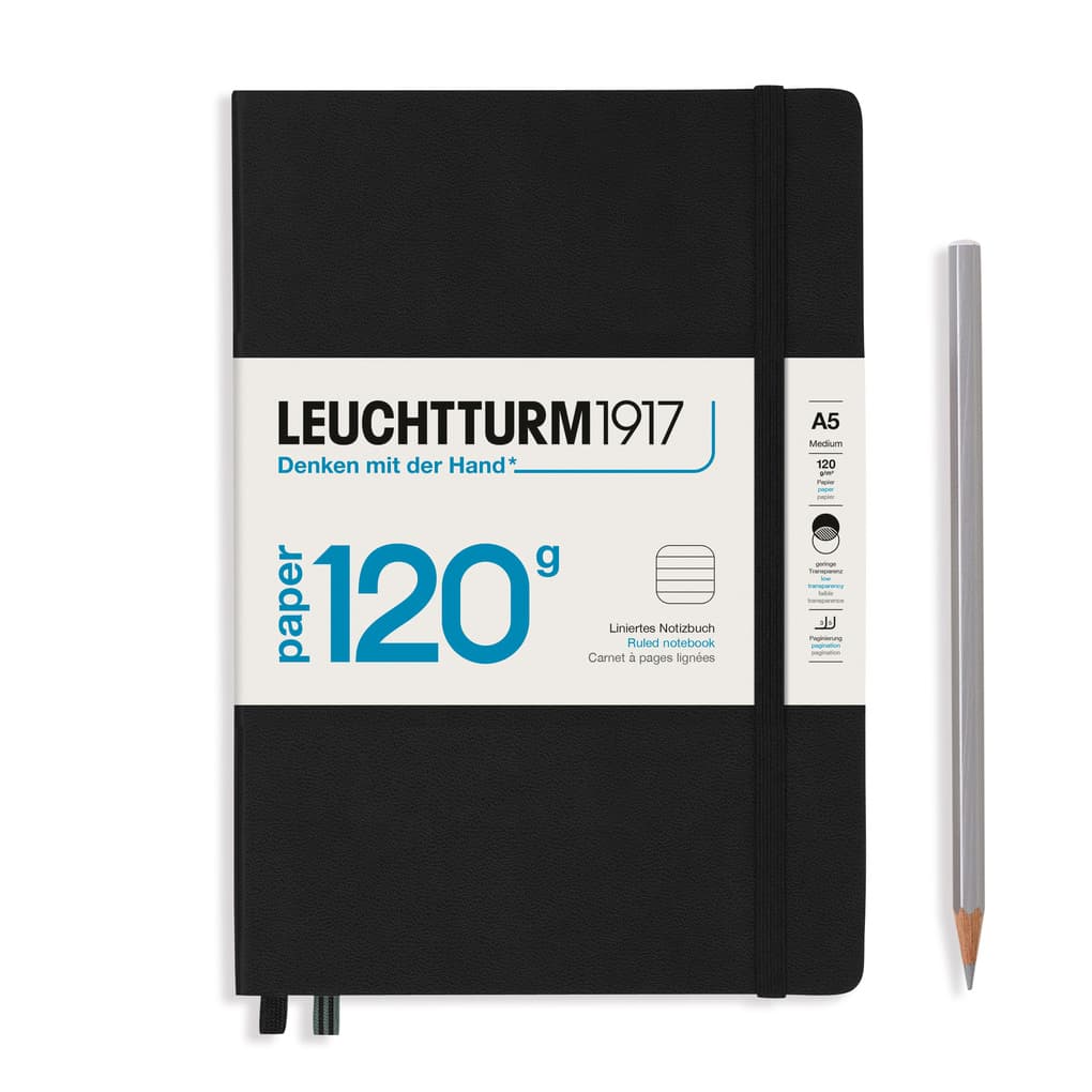 Notizbuch Medium (A5), EDITION 120, Hardcover, 203 nummerierte Seiten, Schwarz, liniert