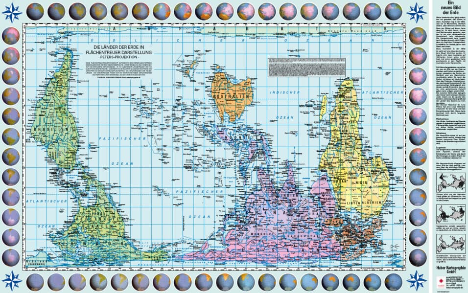 Poster Weltkarte Petersprojektion, Up-side down deutsch (ca. 82,5 x 52,3 cm)
