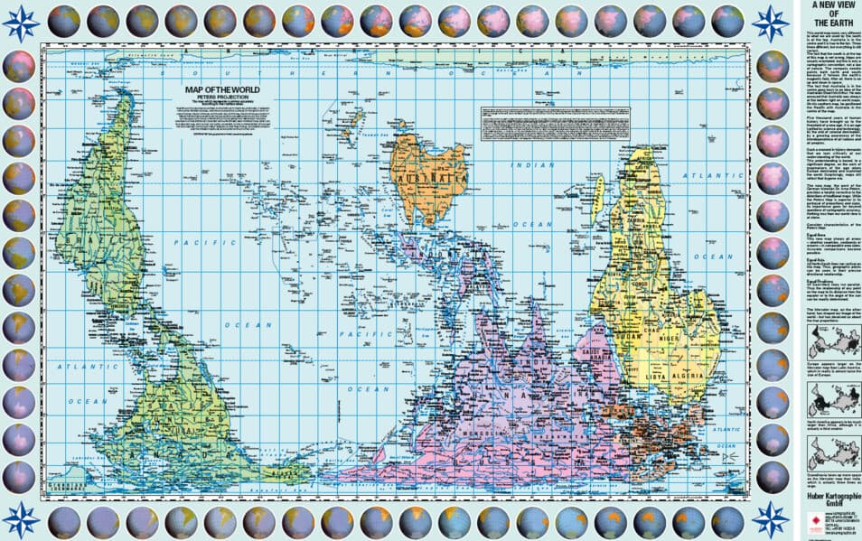 Poster Weltkarte Petersprojektion, Up-side down englisch (ca. 82,5 x 52,3 cm)