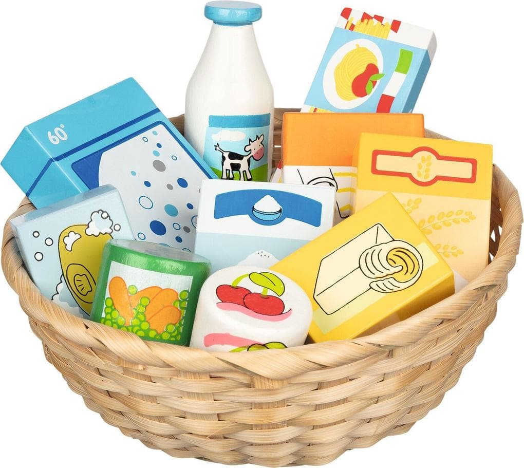 Kaufladen Miniaturen,Lebensmittel und Haushaltswaren im Korb