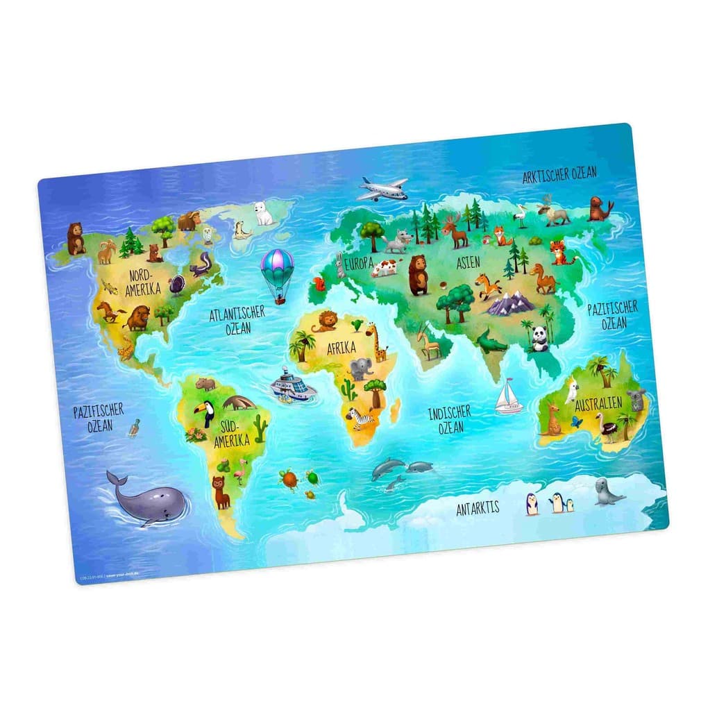 Tischsetmacher Tischset für Kinder Weltkarte in deutsch mit vielen Tieren, aus hochwertigem Vinyl , 44 x 30 cm