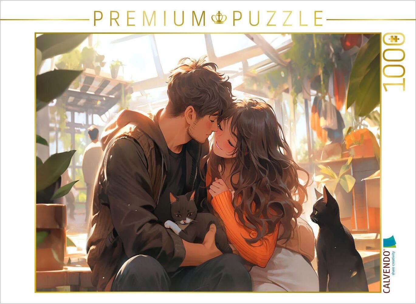 CALVENDO Puzzle Pärchen im Manga Style mit Katzen | 1000 Teile Lege-Größe 64x48cm Foto-Puzzle für glückliche Stunden