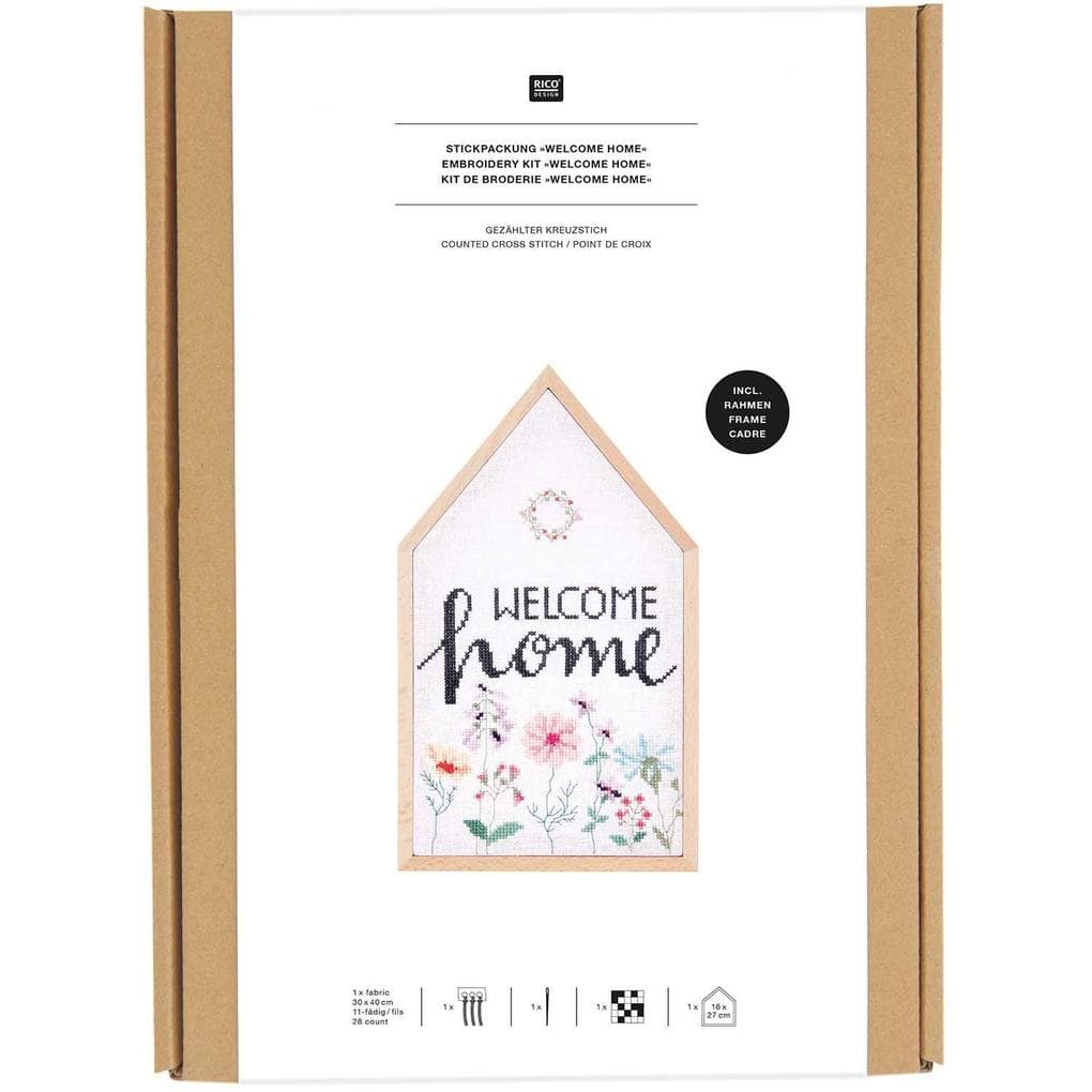 Stickpackung Gezählter Kreuzstich, Welcome Home, groß, inkl. Dekostickrahmen Haus L