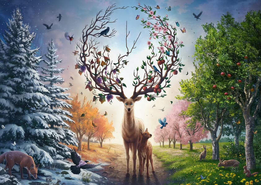 Adult puzzle 1000 Teile - Der magische Hirsch und die vier Jahreszeiten