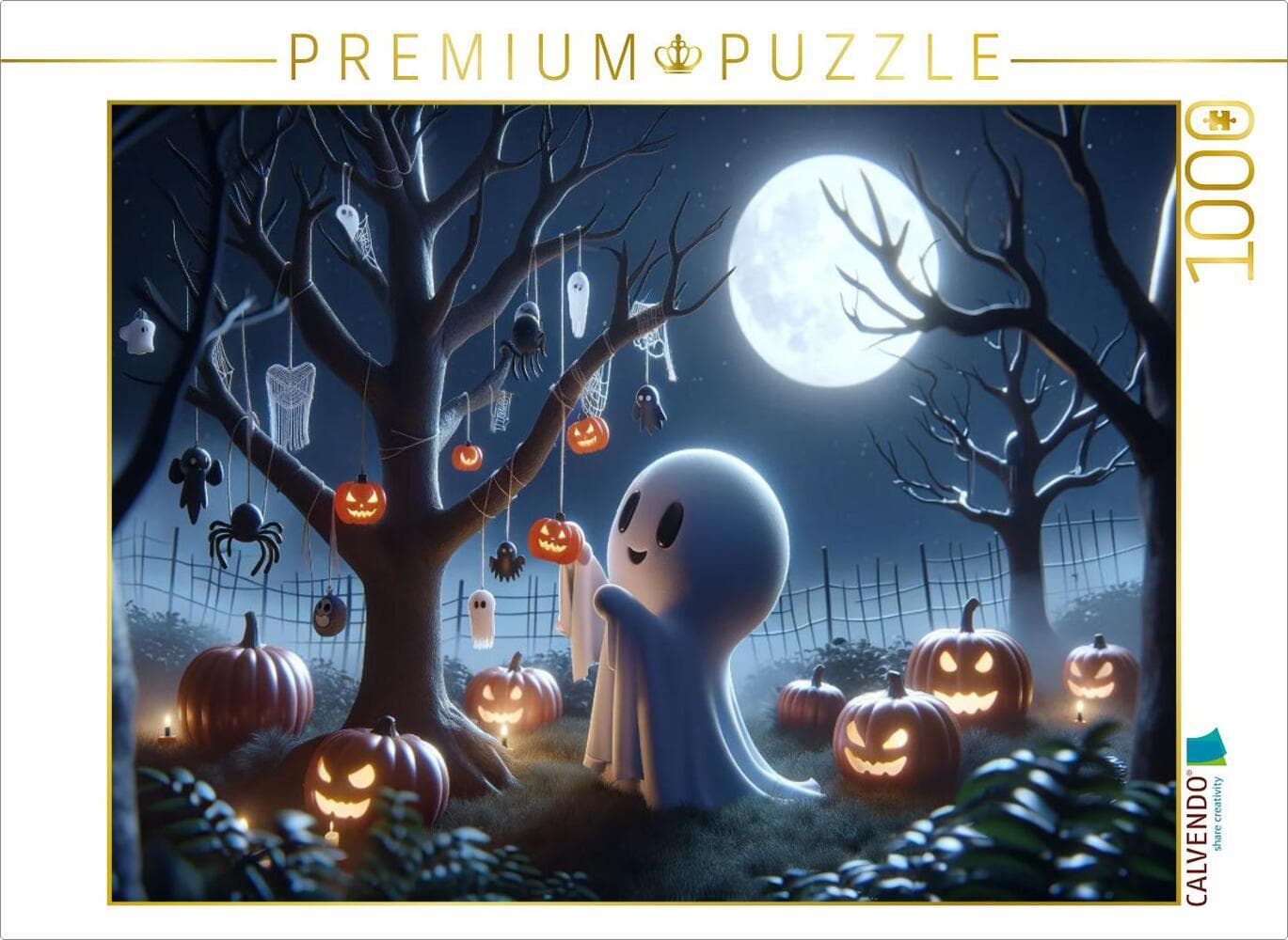 CALVENDO Puzzle Das kleine Gespenst schmückt den Halloween-Baum | 1000 Teile Lege-Größe 64x48cm Foto