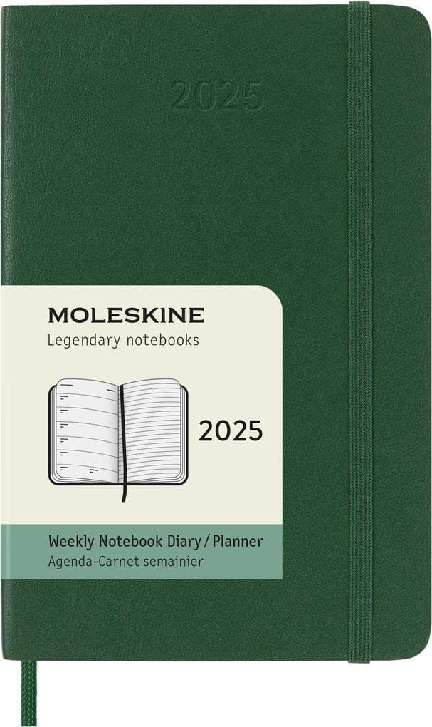 Moleskine 12 Monate Wochen Notizkalender 2025, Pocket/A6, 1 Wo = 1 Seite, rechts linierte Seite, Weicher Einband, Myrtengrün