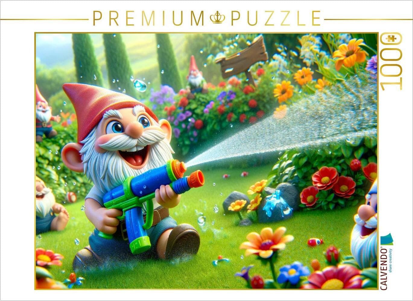CALVENDO Puzzle Sommerfreuden: Gartenzwerge und das spritzige Wasserspiel | 1000 Teile Lege-Größe 64