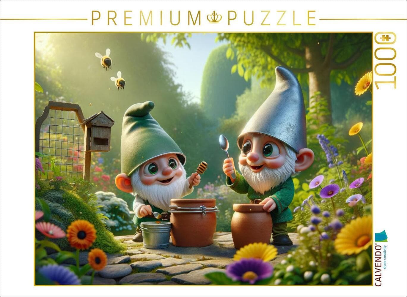 CALVENDO Puzzle Summendes Zwergenglück: Zwei Imker unter den Gartenbewohnern | 1000 Teile Lege-Größe
