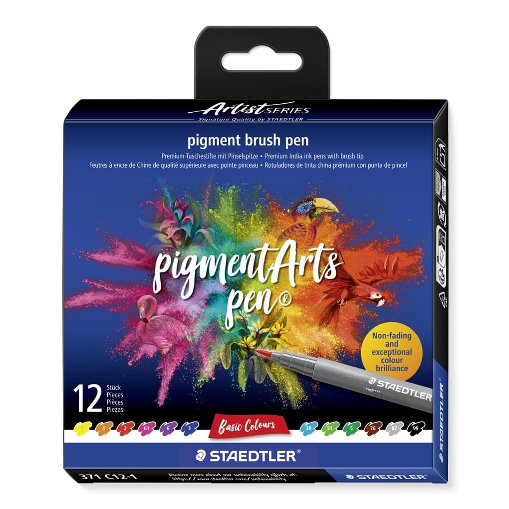 STAEDTLER Schreib- und Zeichbedarf pigment brush Fasermaler Pinselspitze, Basic Colours, 12er Set