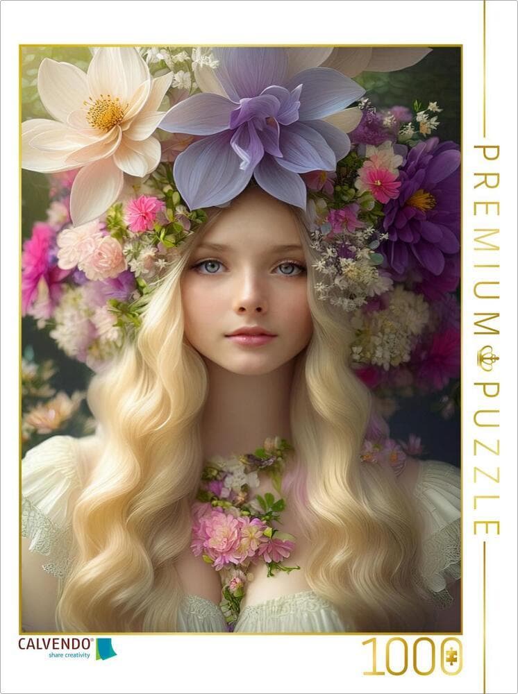 CALVENDO Puzzle Zarte Blondine mit einem Kopfschmuck aus lila weißen Blüten | 1000 Teile Lege-Größe
