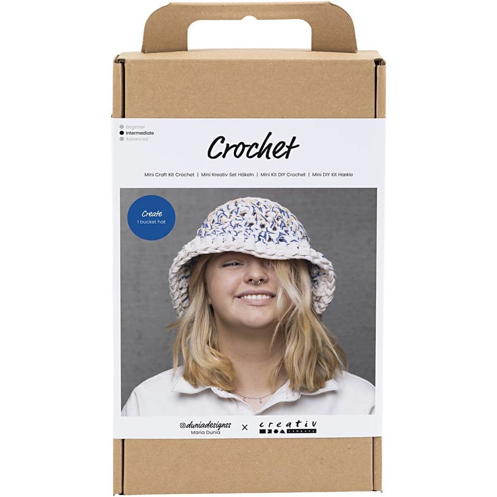 Creativ Company DIY Sets Stricken & Häkeln Kreativ Set Häkeln, Blau, Hellnatur, Gelb, Dicker Fischerhut, Kreativ Box